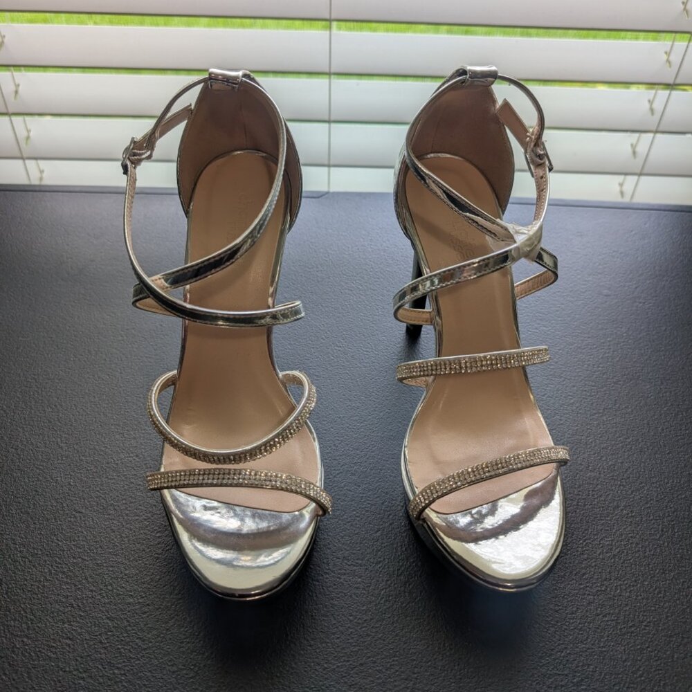 Rhinestone 5" High Heels Silver Shiny Sandal - Size 6